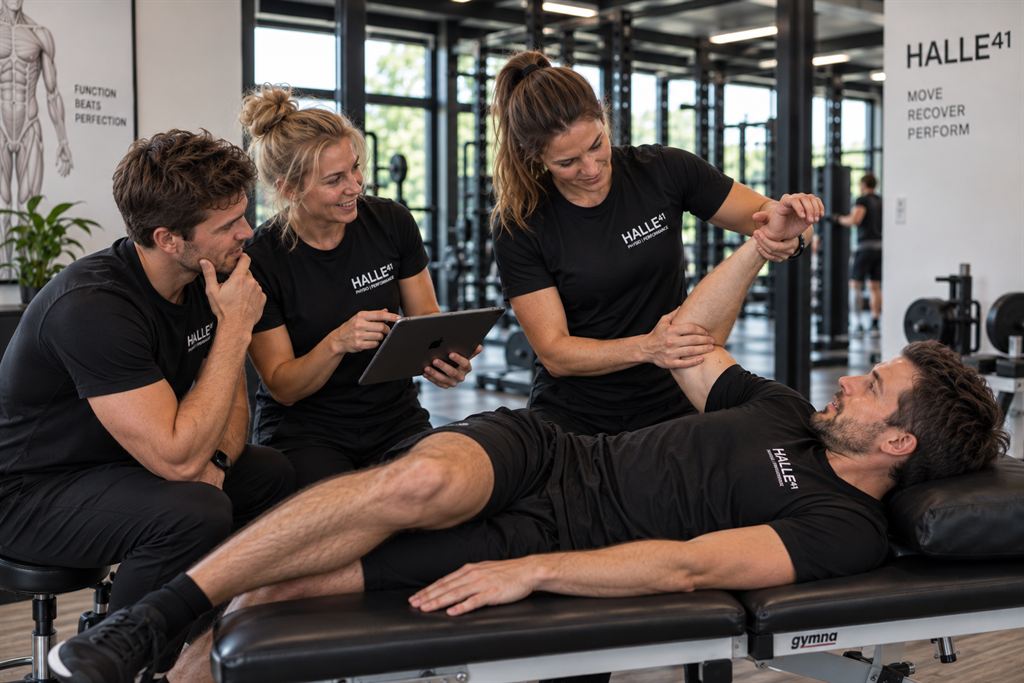 Fallbesprechung im Gym: Eine Therapeutin demonstriert einen Schultertest an einem Kollegen, zwei Teammitglieder verfolgen es mit dem Tablet.