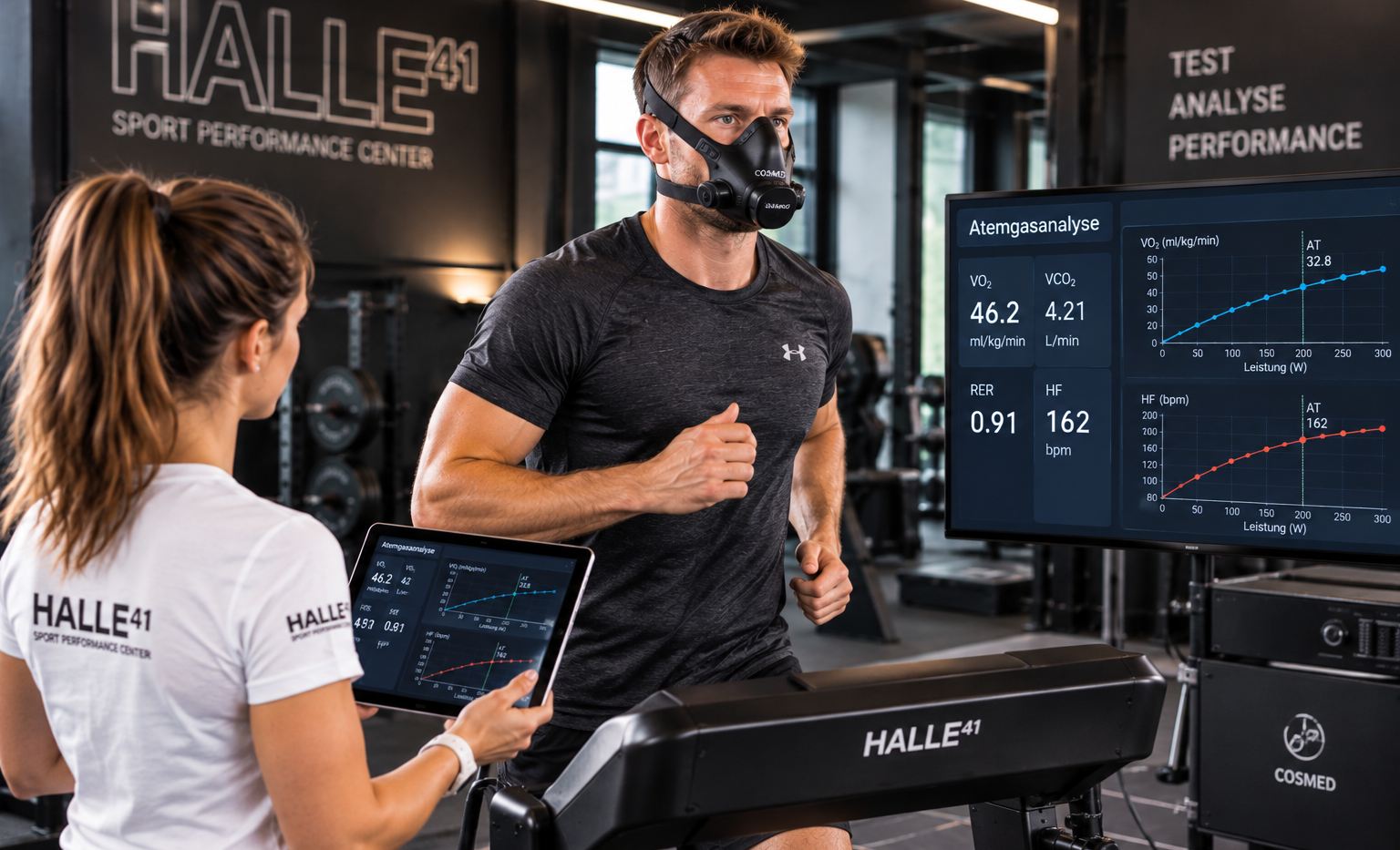 Spiroergometrie im Sport Performance Center: Athlet mit Atemmaske auf dem Laufband, daneben die Atemgaswerte am Monitor