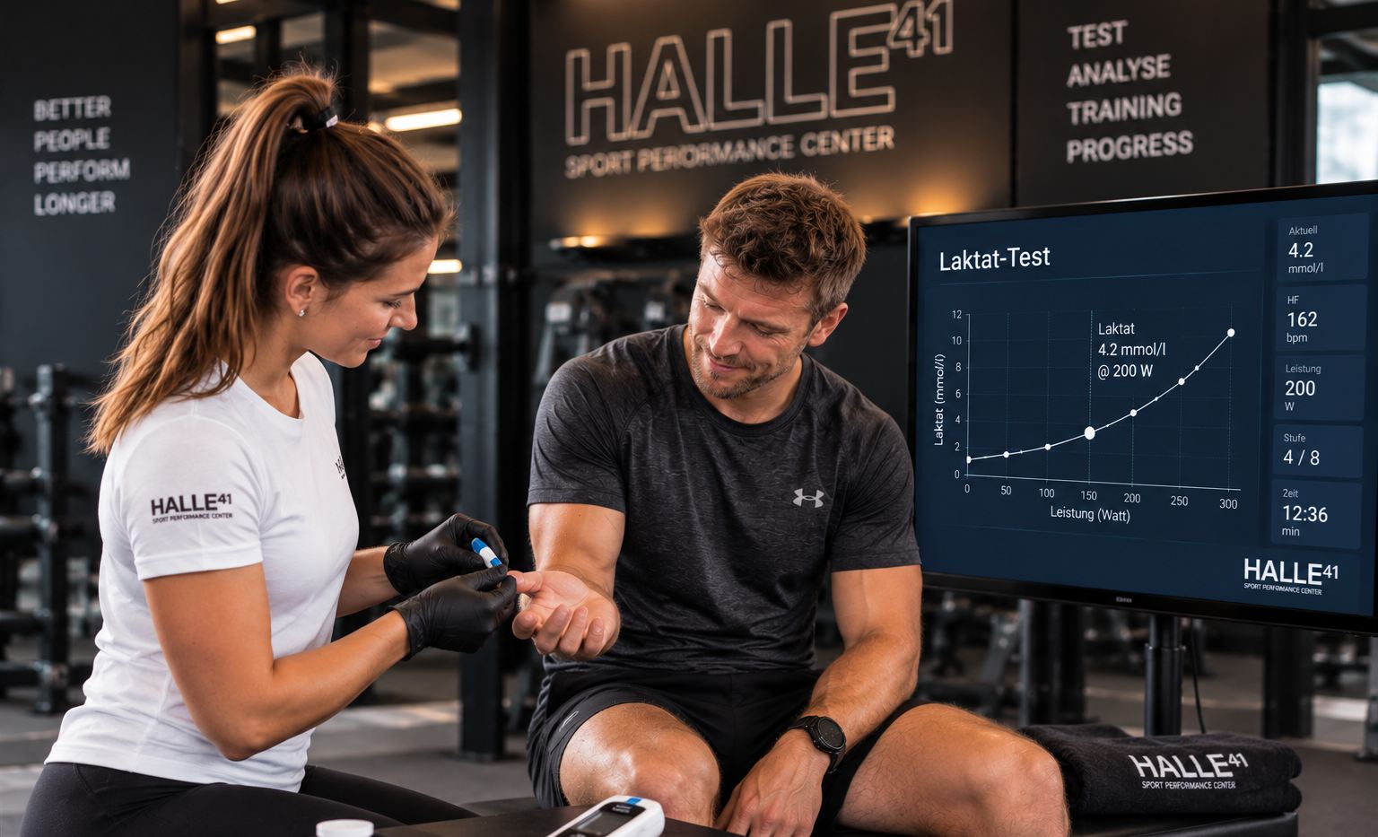 Laktattest im Sport Performance Center: Therapeutin nimmt einen Blutstropfen am Finger, am Monitor die Laktatkurve