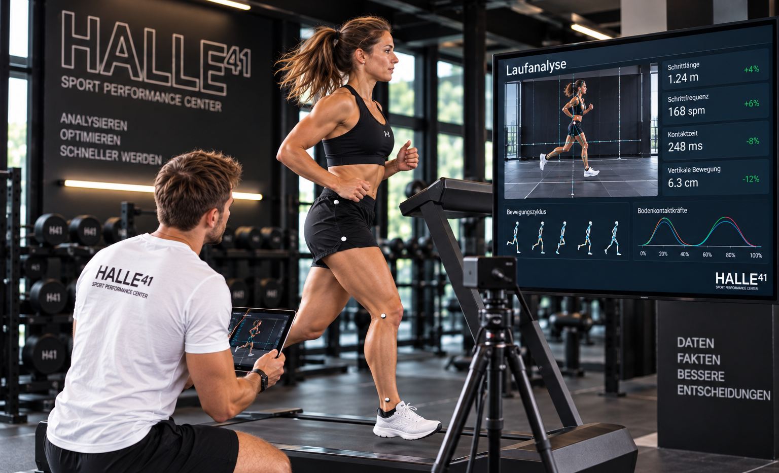 Laufanalyse im Sport Performance Center: Athletin mit Messmarkern auf dem Laufband, am Monitor Schrittlänge, Schrittfrequenz und Kontaktzeit