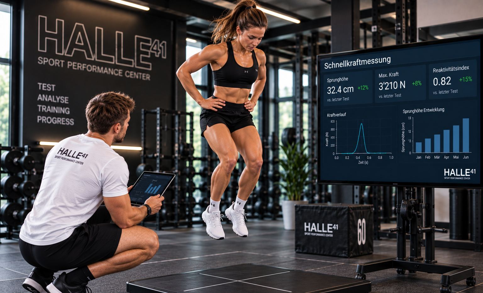 Sprunganalyse im Sport Performance Center: Athletin im Sprung über der Kraftmessplatte, am Monitor Sprunghöhe, Maximalkraft und Reaktivitätsindex