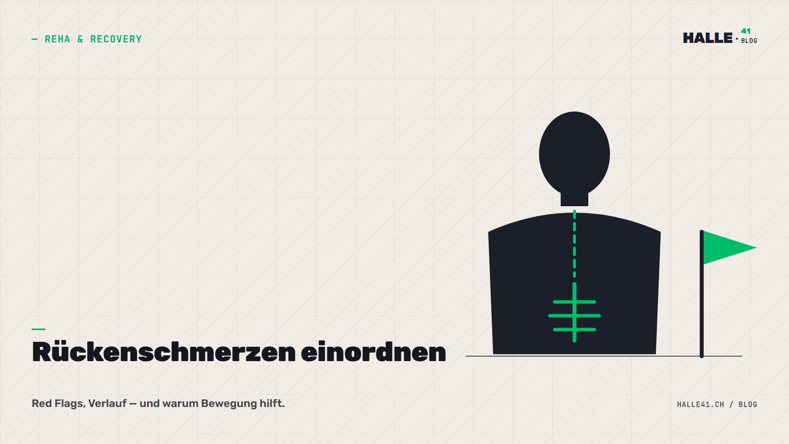 Illustration: Rückenansicht mit markierter Wirbelsäule und Warnflagge — Rückenschmerzen richtig einordnen